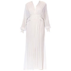 1980S White Viscose Jersey Draped Goddess Kaftan Gown With Sequins