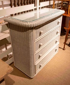 1980s White Wicker Chest of Drawers with White Painted Glass Top with Three Draw