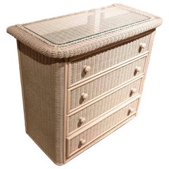 1980s White Wicker Chest of Drawers with White Painted Glass Top with Three Draw