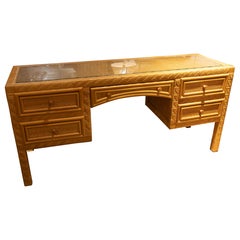 1980s Wicker Desk with Five Drawers and Glass Top