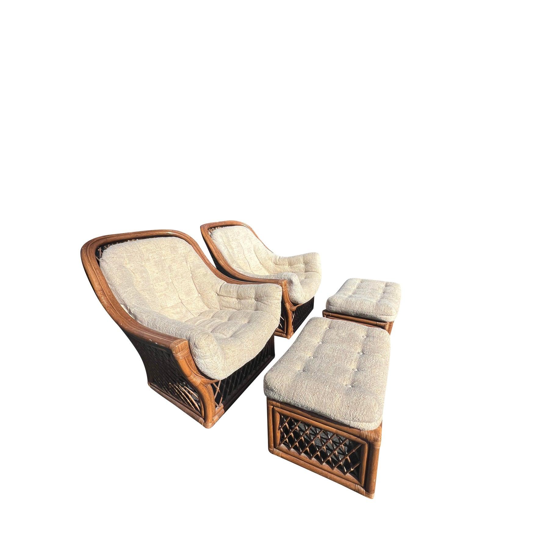 Vintage Wicker Rattan Chair & Ottoman Pair, Pearsall Style!

This vintage set of two rattan chairs and matching ottomans, channeling the laid-back elegance of Adrian Pearsall's coastal boho chic aesthetic, offers ultimate comfort and style. The