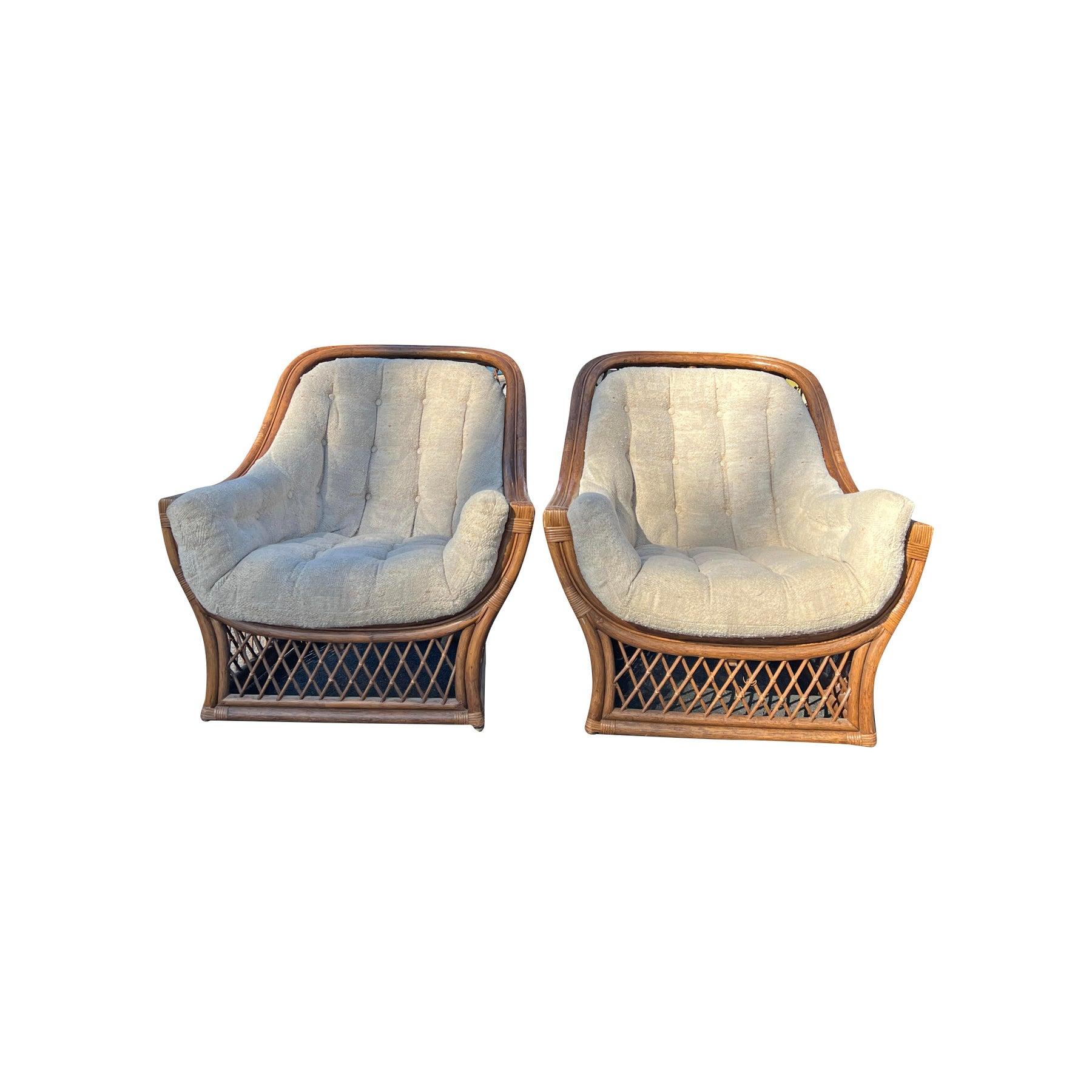 American 1980s Wicker Pair Chairs and Ottomans in Adrian Pearsall Coastal Style - 2 Sets