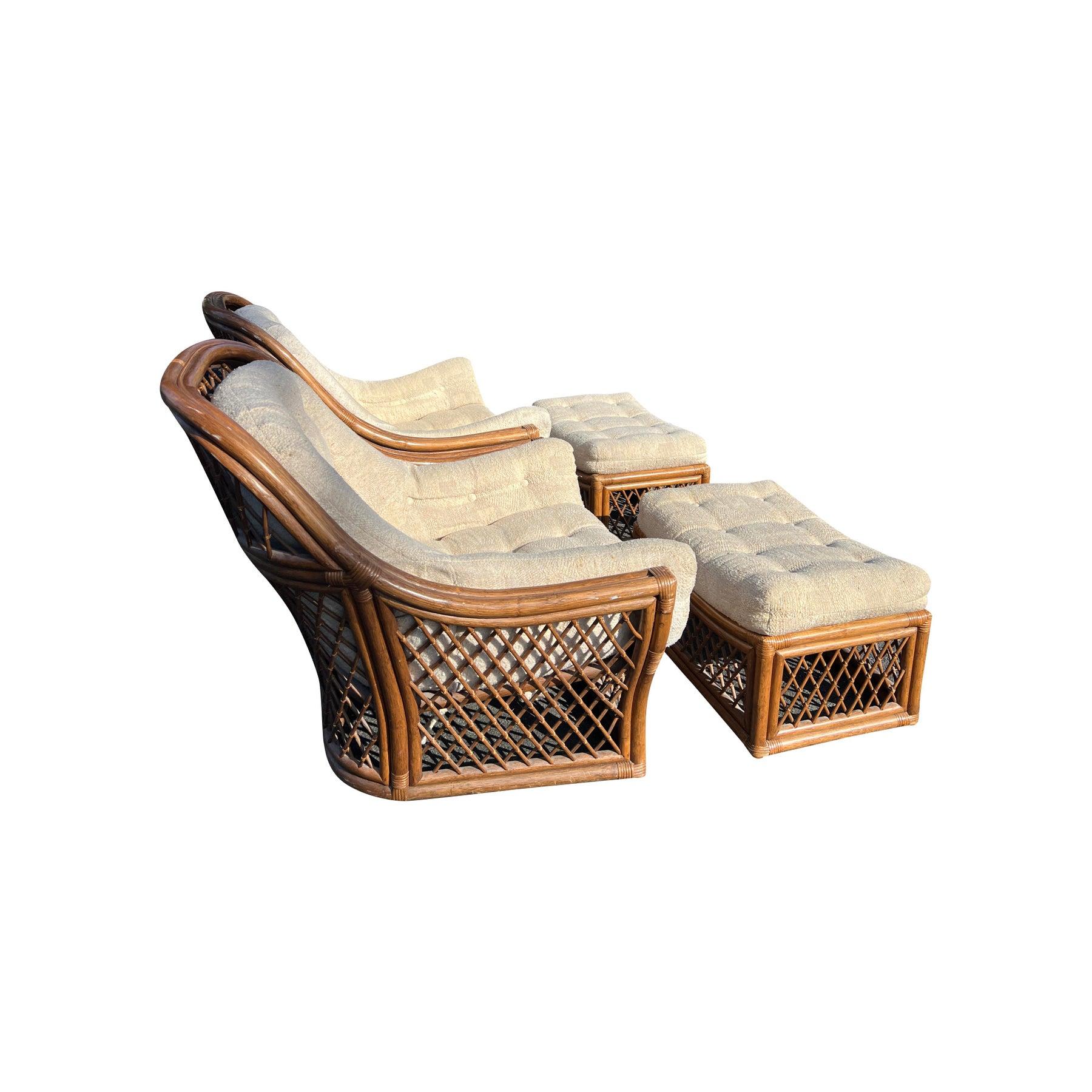 Late 20th Century 1980s Wicker Pair Chairs and Ottomans in Adrian Pearsall Coastal Style - 2 Sets