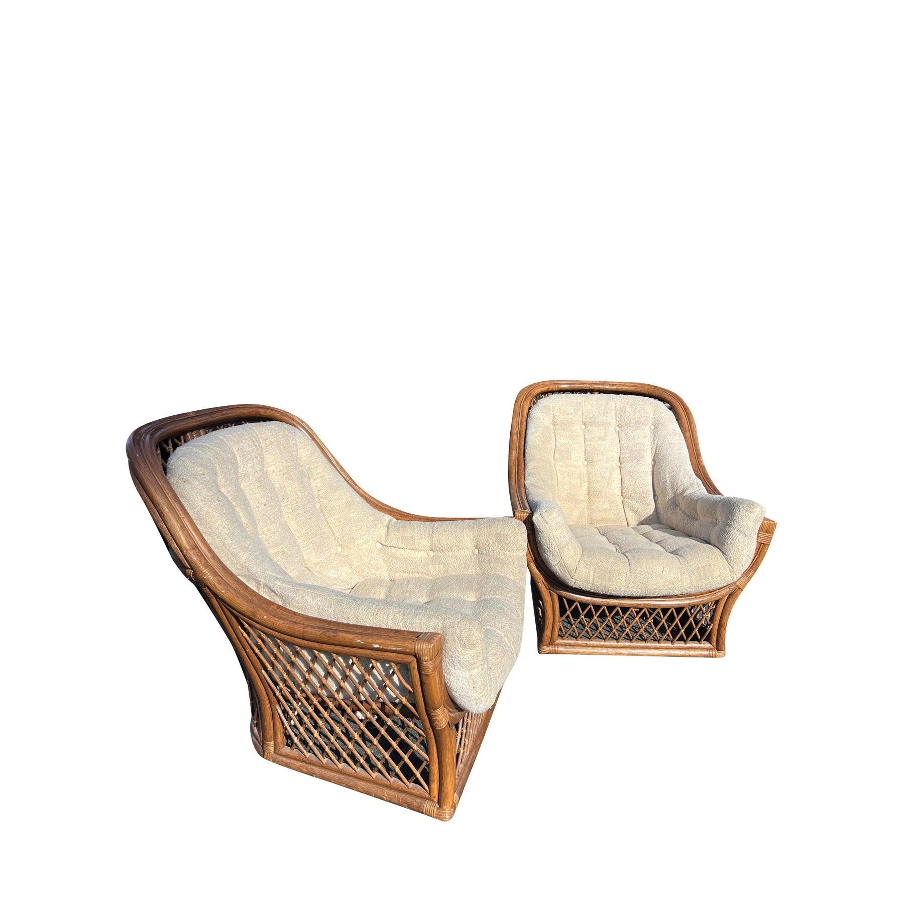 Rattan 1980s Wicker Pair Chairs and Ottomans in Adrian Pearsall Coastal Style - 2 Sets