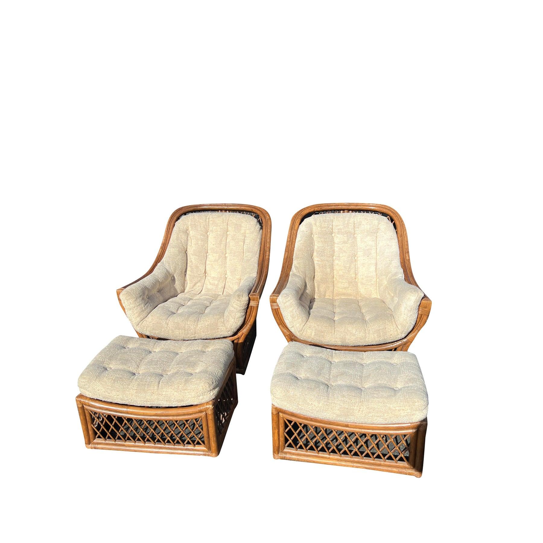 1980s Wicker Pair Chairs and Ottomans in Adrian Pearsall Coastal Style - 2 Sets 1