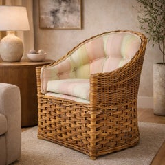 Chaise longue en tonneau Wicker Works des années 1980 avec tapisserie d'origine, USA