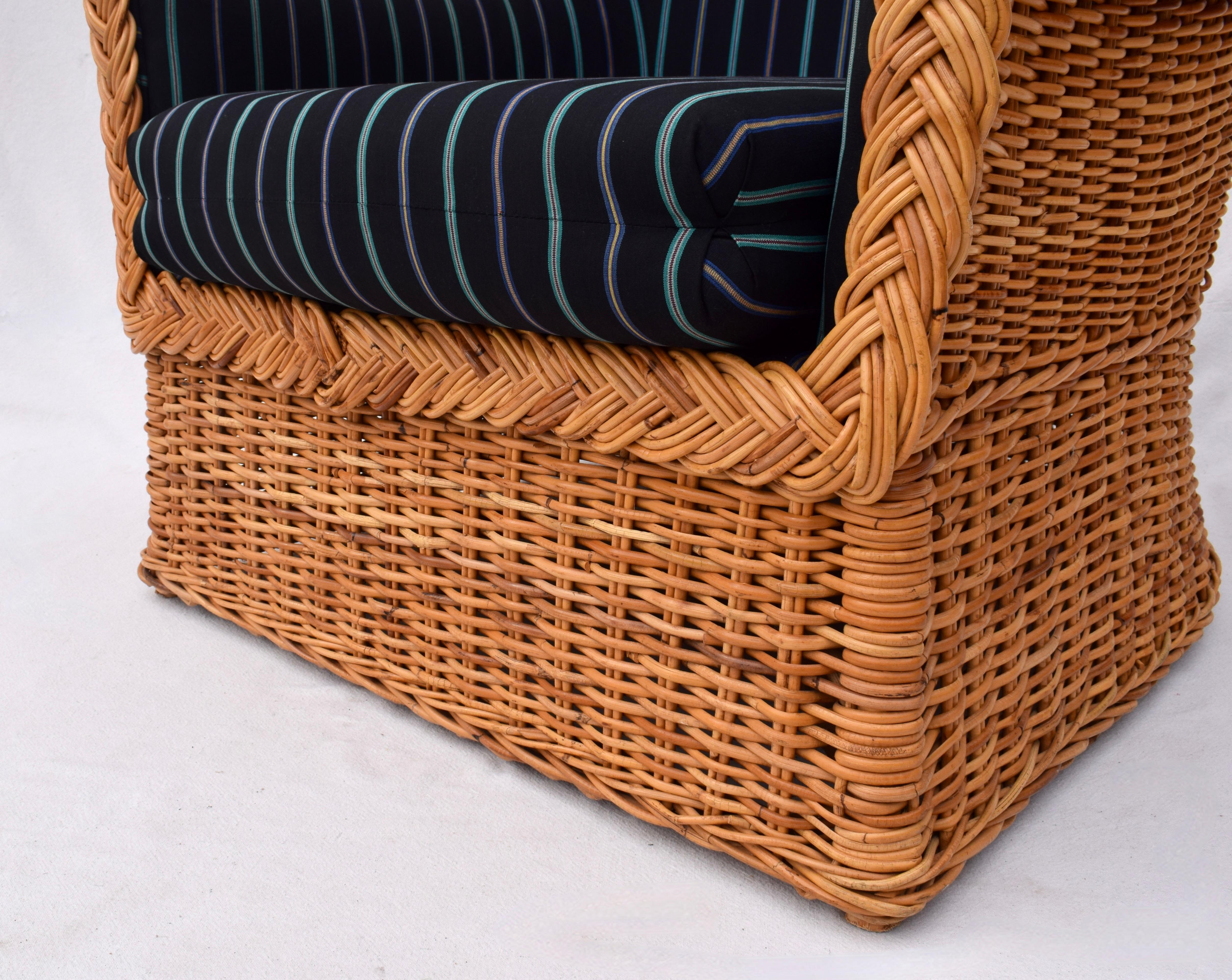 1980's Wicker Works Braided Rattan Club Chairs, Pair For Sale 1