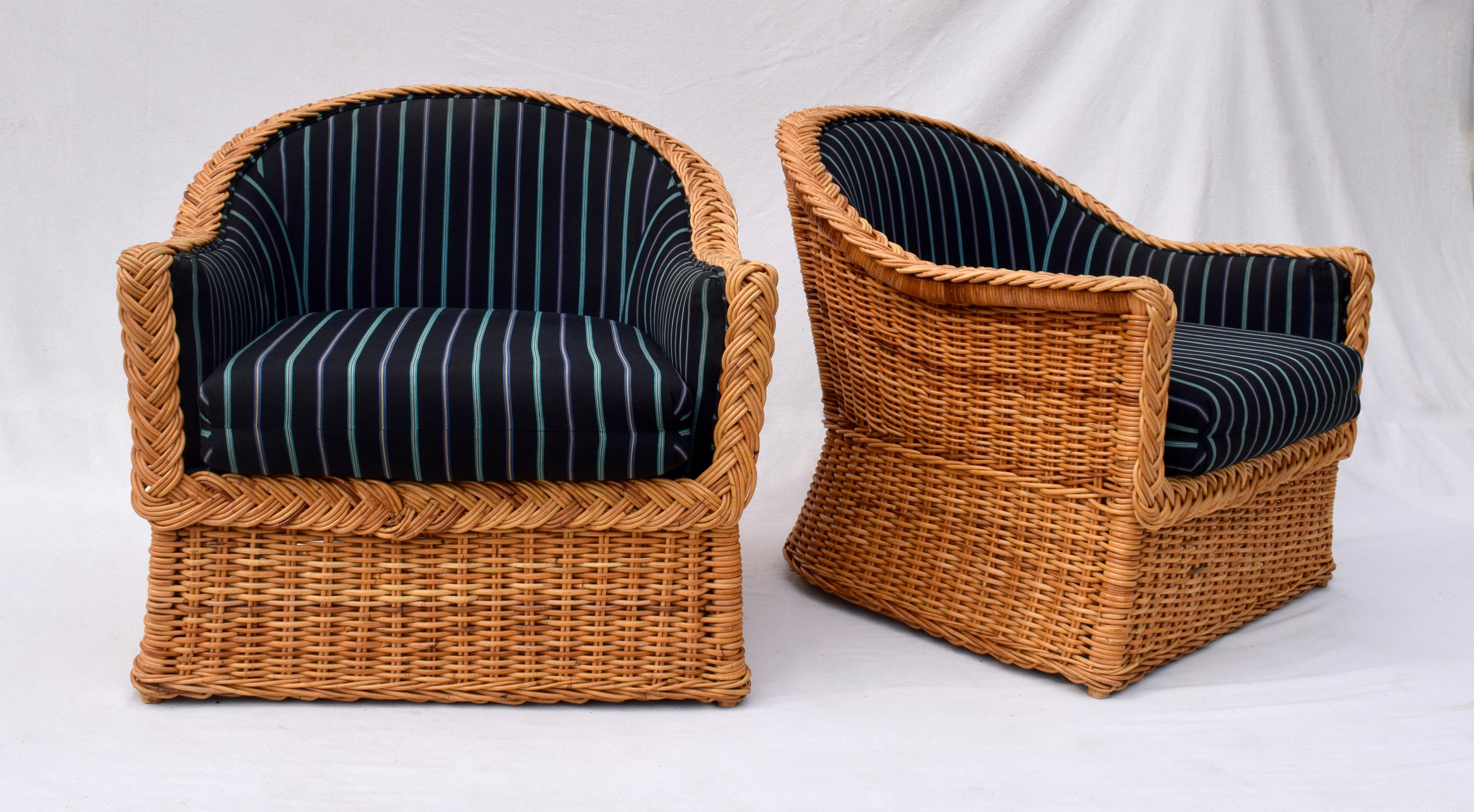 Organic Modern 1980's Wicker Works Braided Rattan Club Chairs, Pair For Sale