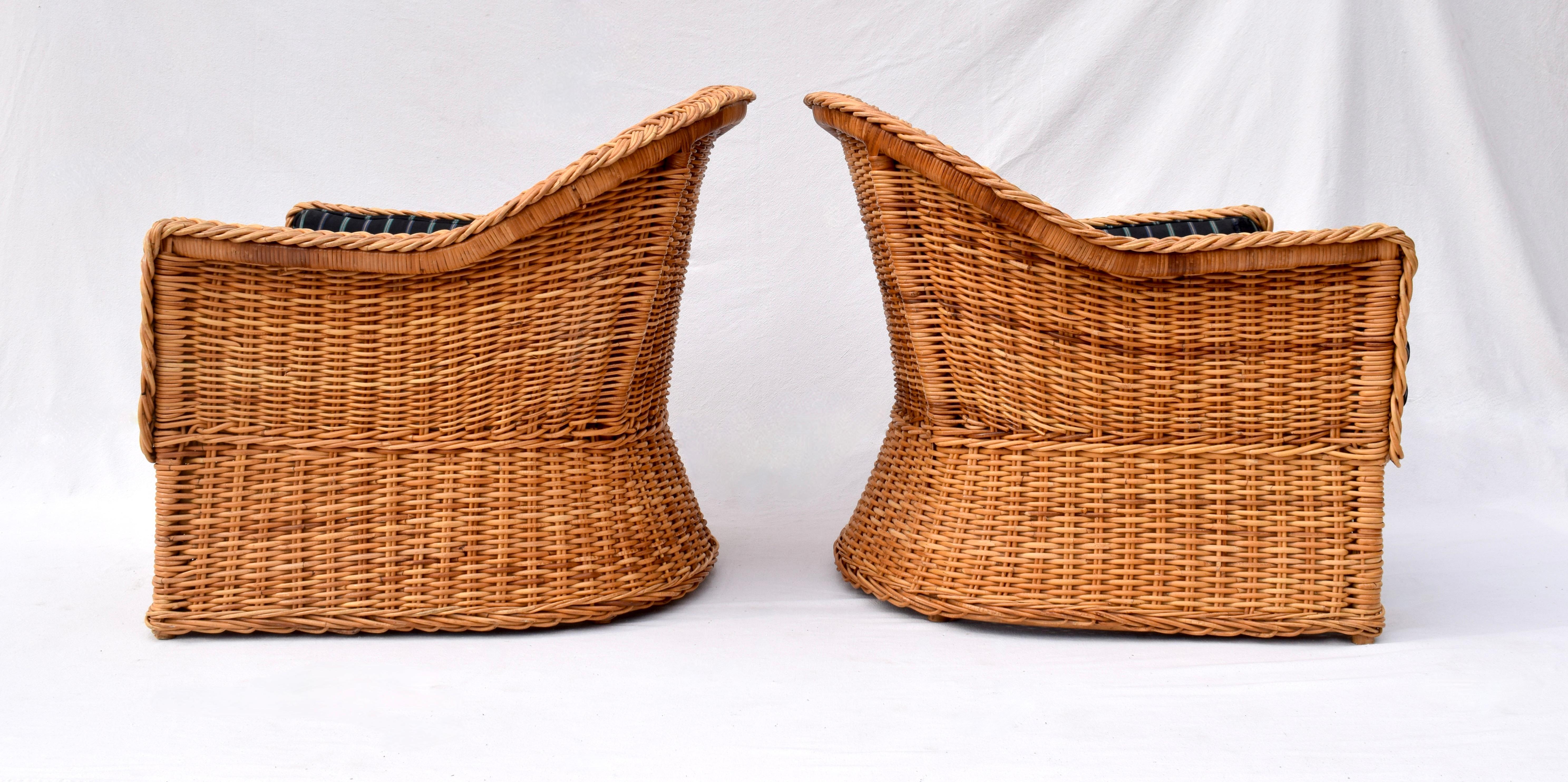 Italian 1980's Wicker Works Braided Rattan Club Chairs, Pair For Sale