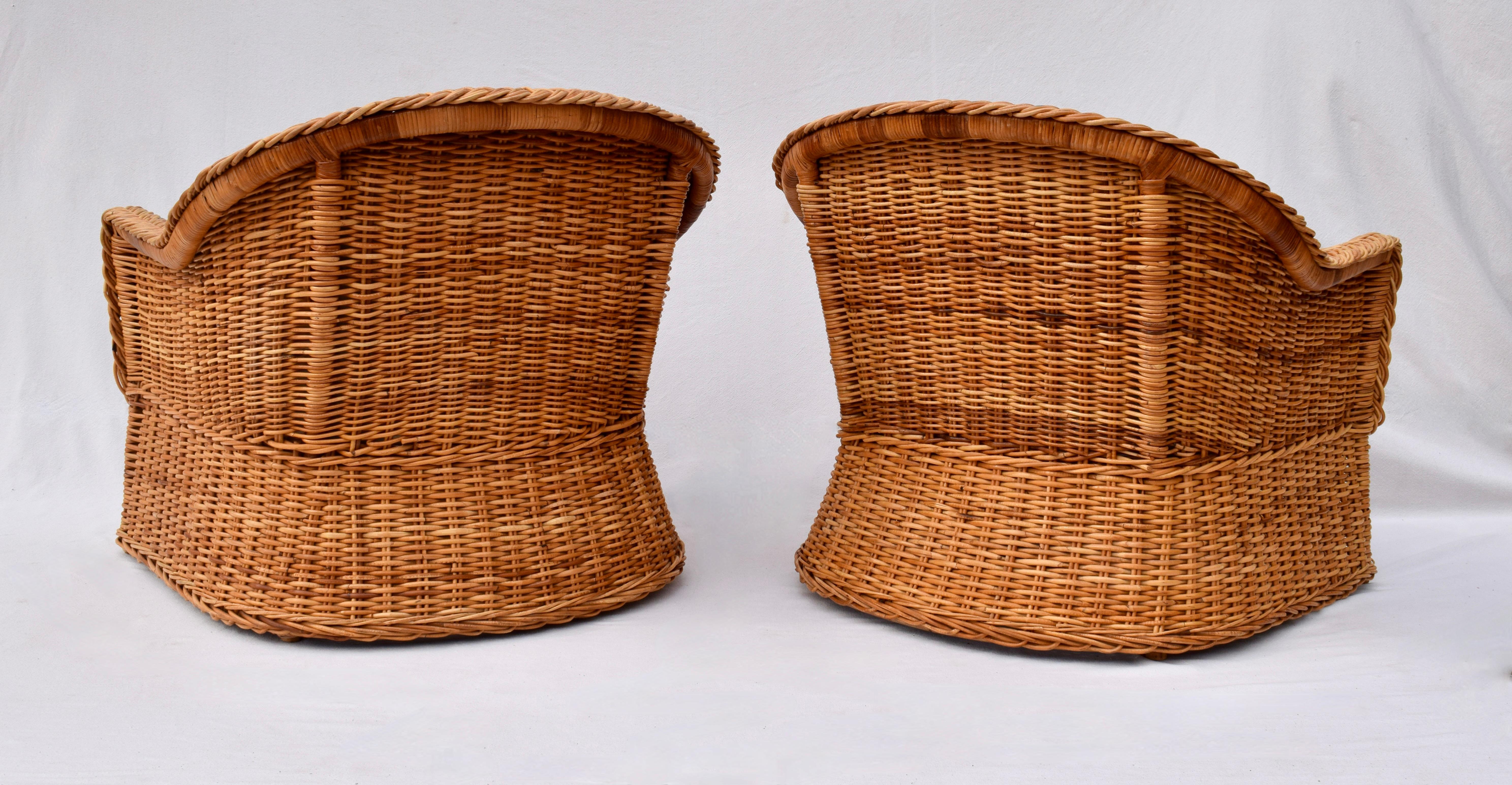 Woven 1980's Wicker Works Braided Rattan Club Chairs, Pair For Sale