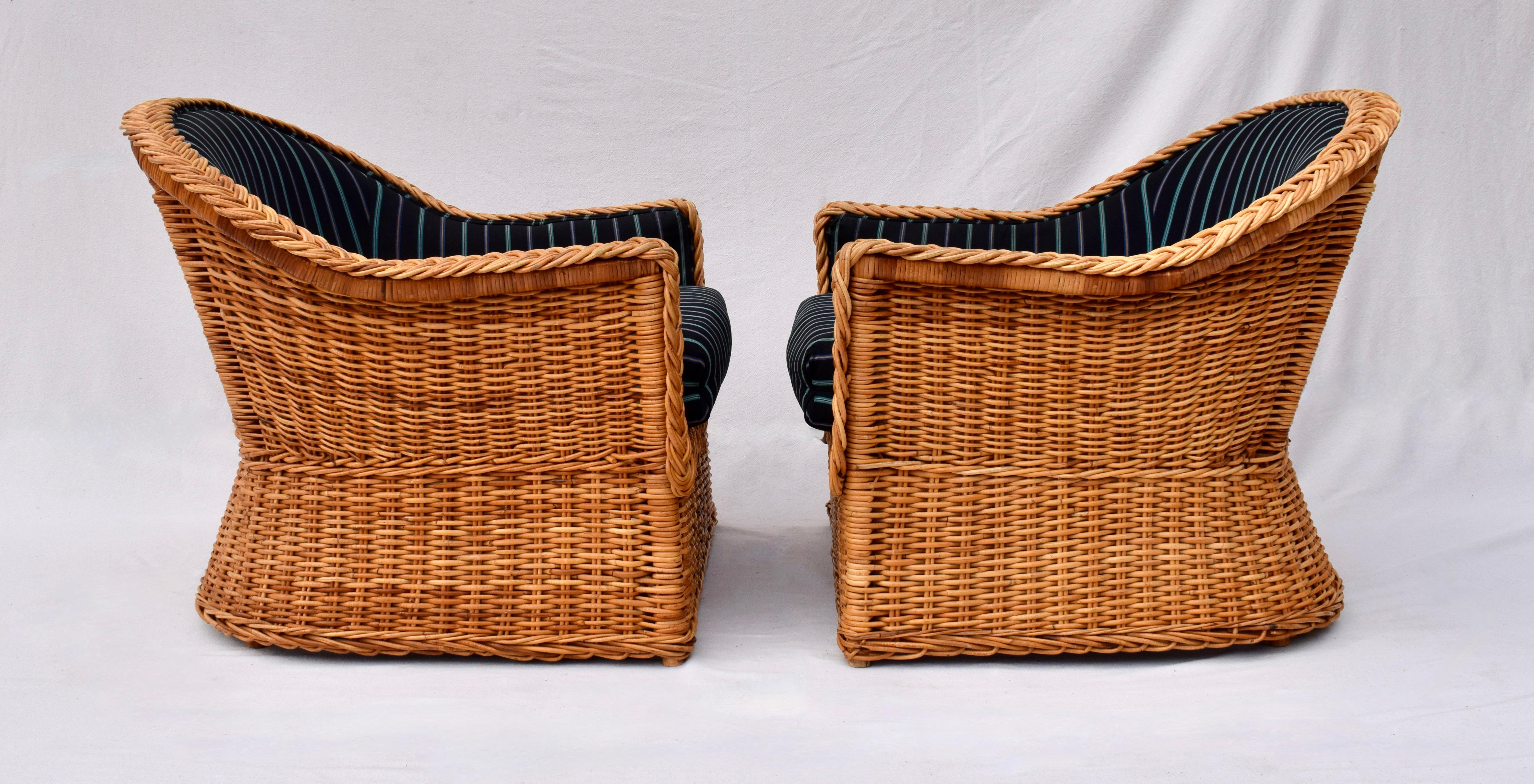 Upholstery 1980's Wicker Works Braided Rattan Club Chairs, Pair For Sale