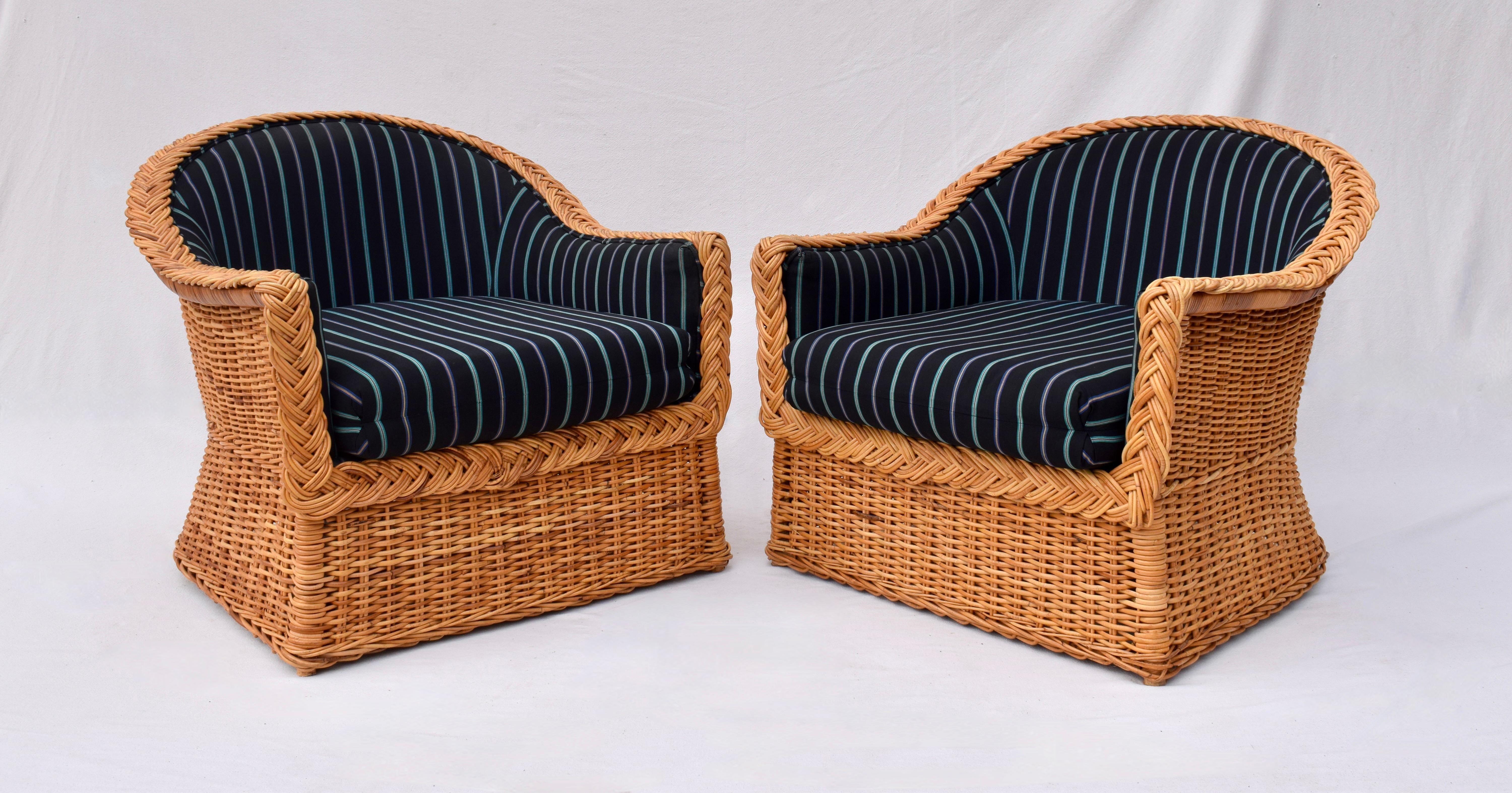 Upholstery 1980's Wicker Works Braided Rattan Club Chairs, Pair For Sale