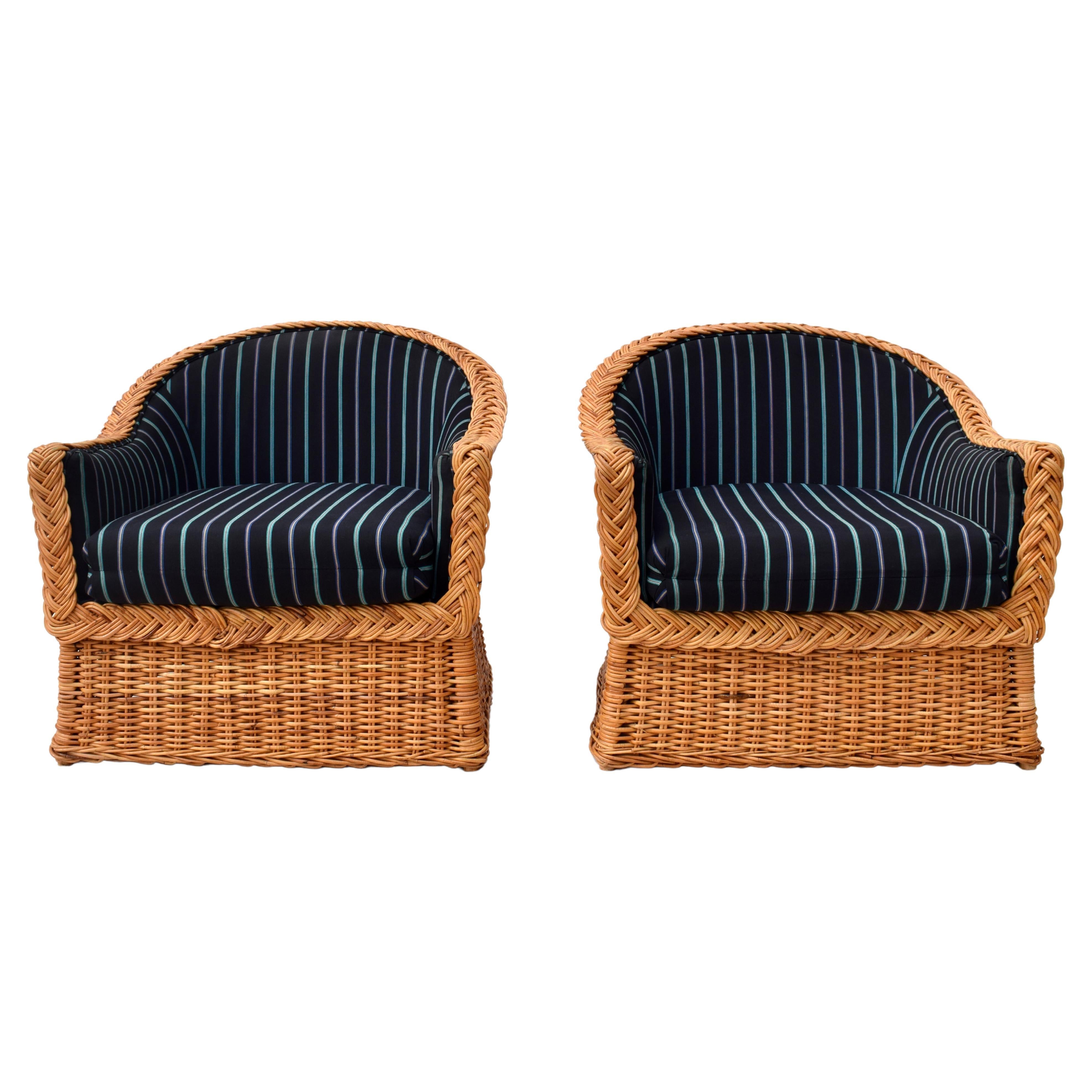 1980's Wicker Works Braided Rattan Club Chairs, Pair For Sale