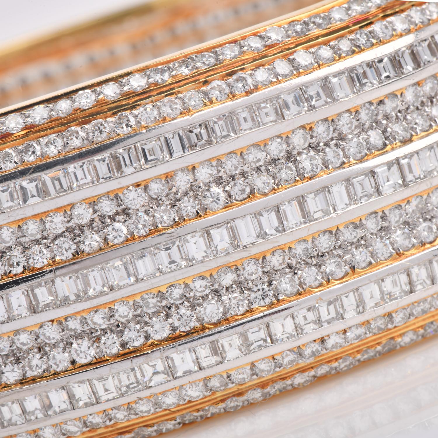 Baguette Cut 1980's Wide 31.0 Carats Diamond 18K Gold  Statement Bangle Bracelet For Sale