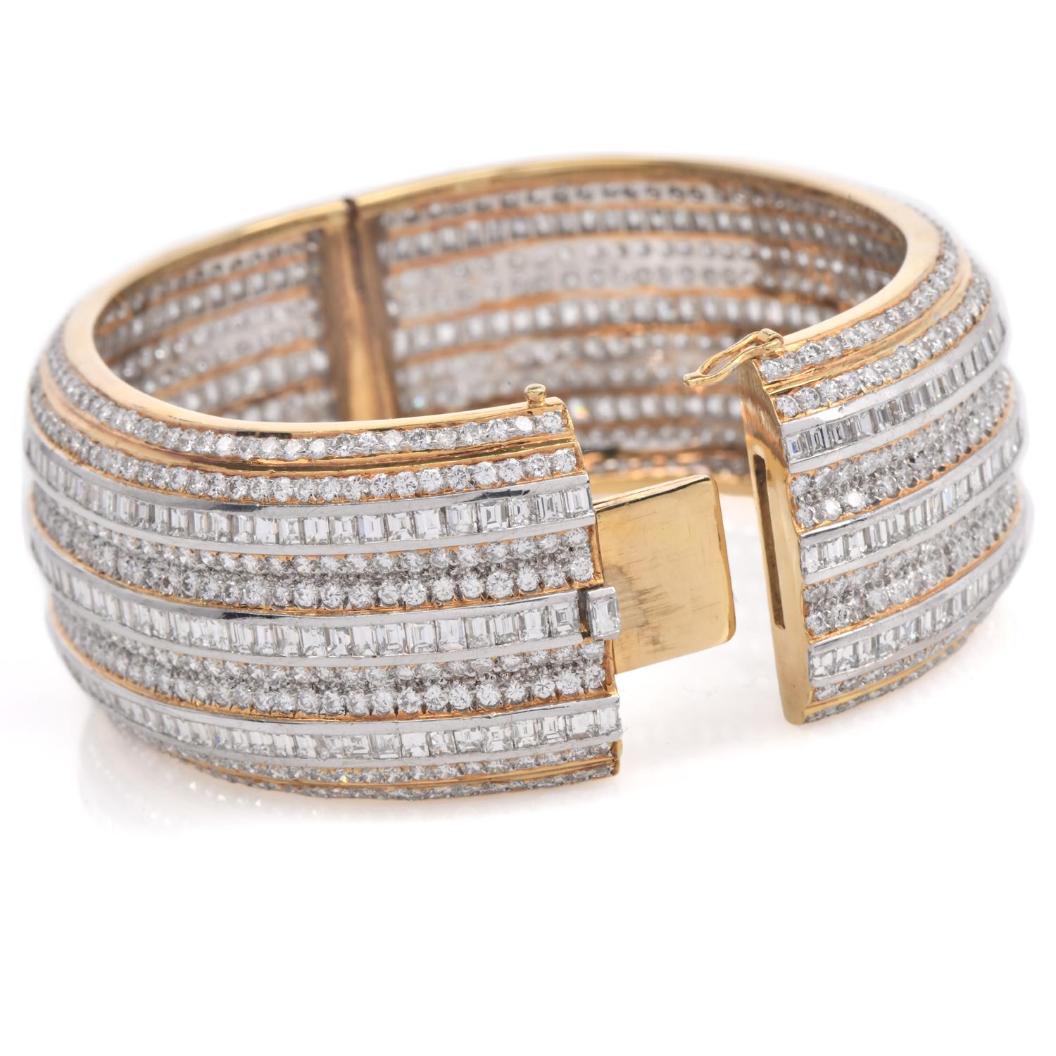 Women's or Men's 1980's Wide 31.0 Carats Diamond 18K Gold  Statement Bangle Bracelet For Sale