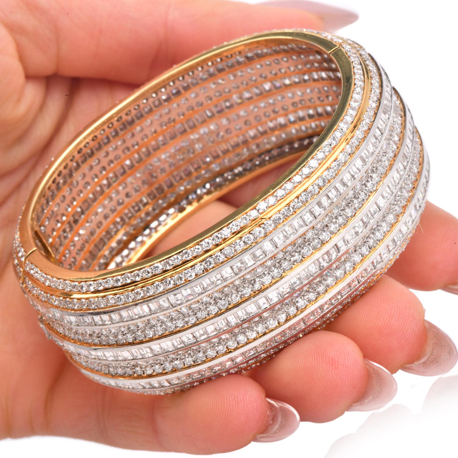 1980's Wide 31.0 Carats Diamond 18K Gold  Statement Bangle Bracelet For Sale 1