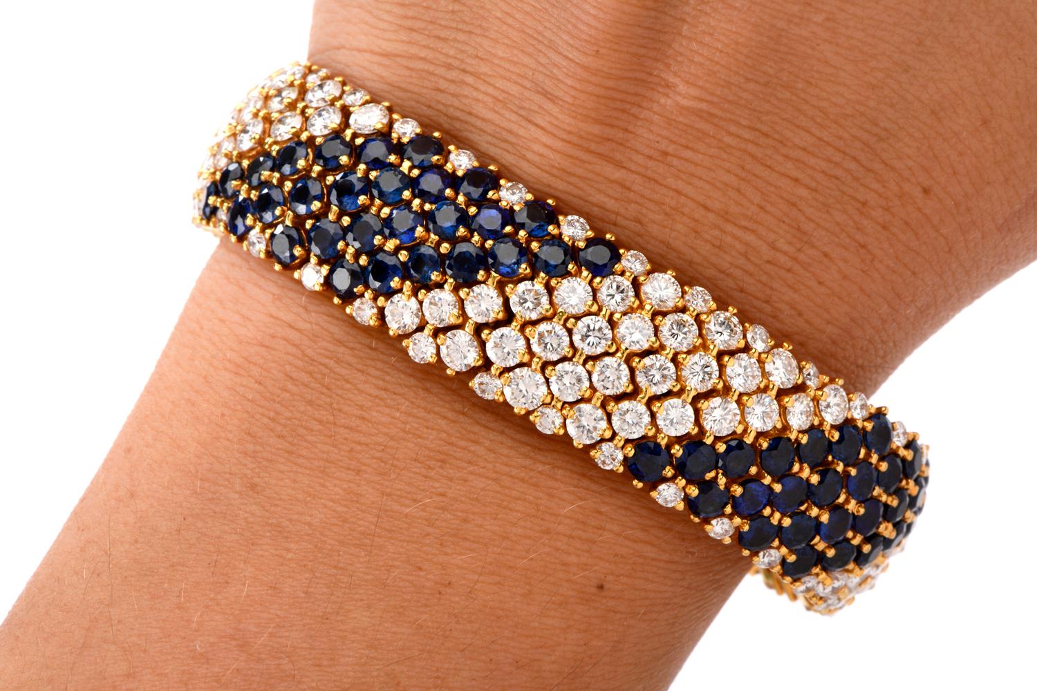 Women's 1980s Wide 36.28 Carat Diamond and Sapphire 18 Karat Bracelet