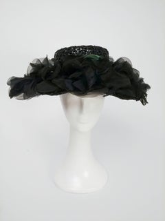 1980s Wide Brim Raffia Hat w/ Silk Flowers