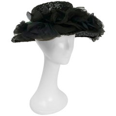 1980s Wide Brim Raffia Hat w/ Silk Flowers