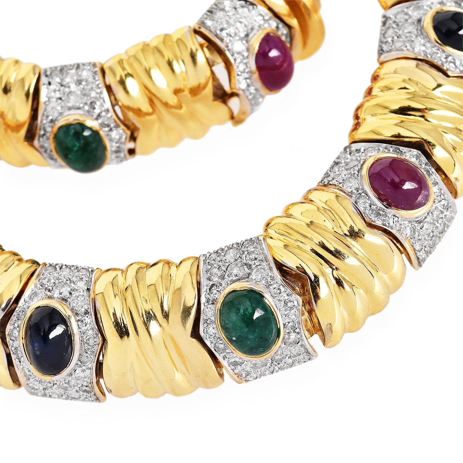 1980S Breite Diamant & Edelstein 18K Gold Choker Halskette  Damen im Angebot