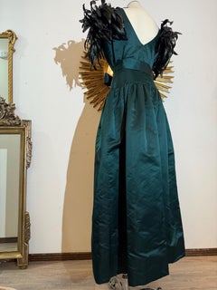 1980s William Pearson Deep Forest Green Duchess Satin Gown w Outrageous Feathers