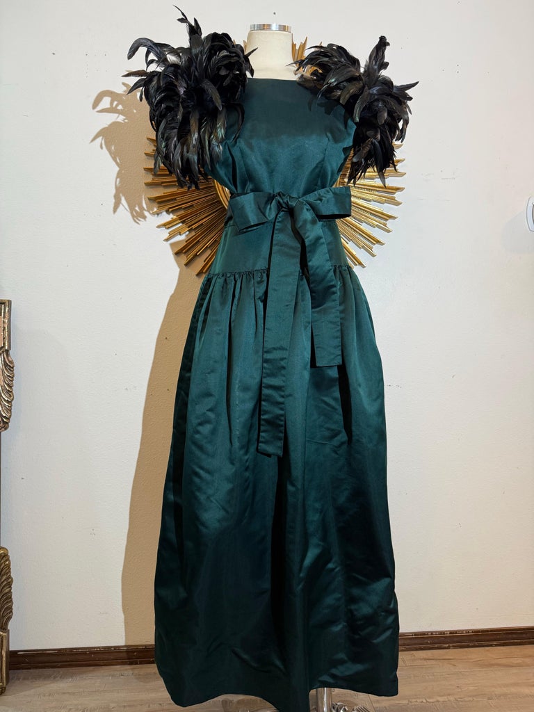 1980s William Pearson Deep Forest Green Duchess Satin Gown W Outrageous Feathers