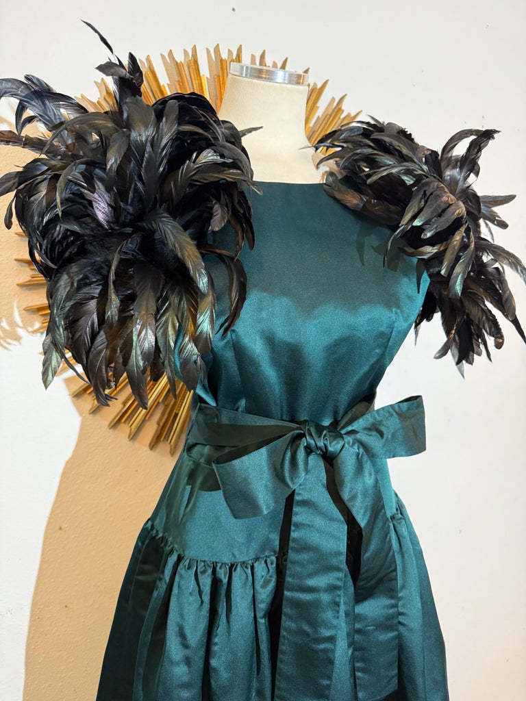 1980s William Pearson Deep Forest Green Duchess Satin Gown W Outrageous Feathers