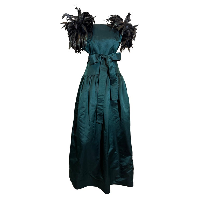 1980s William Pearson Deep Forest Green Duchess Satin Gown w Outrageous  Feathers For Sale at 1stDibs