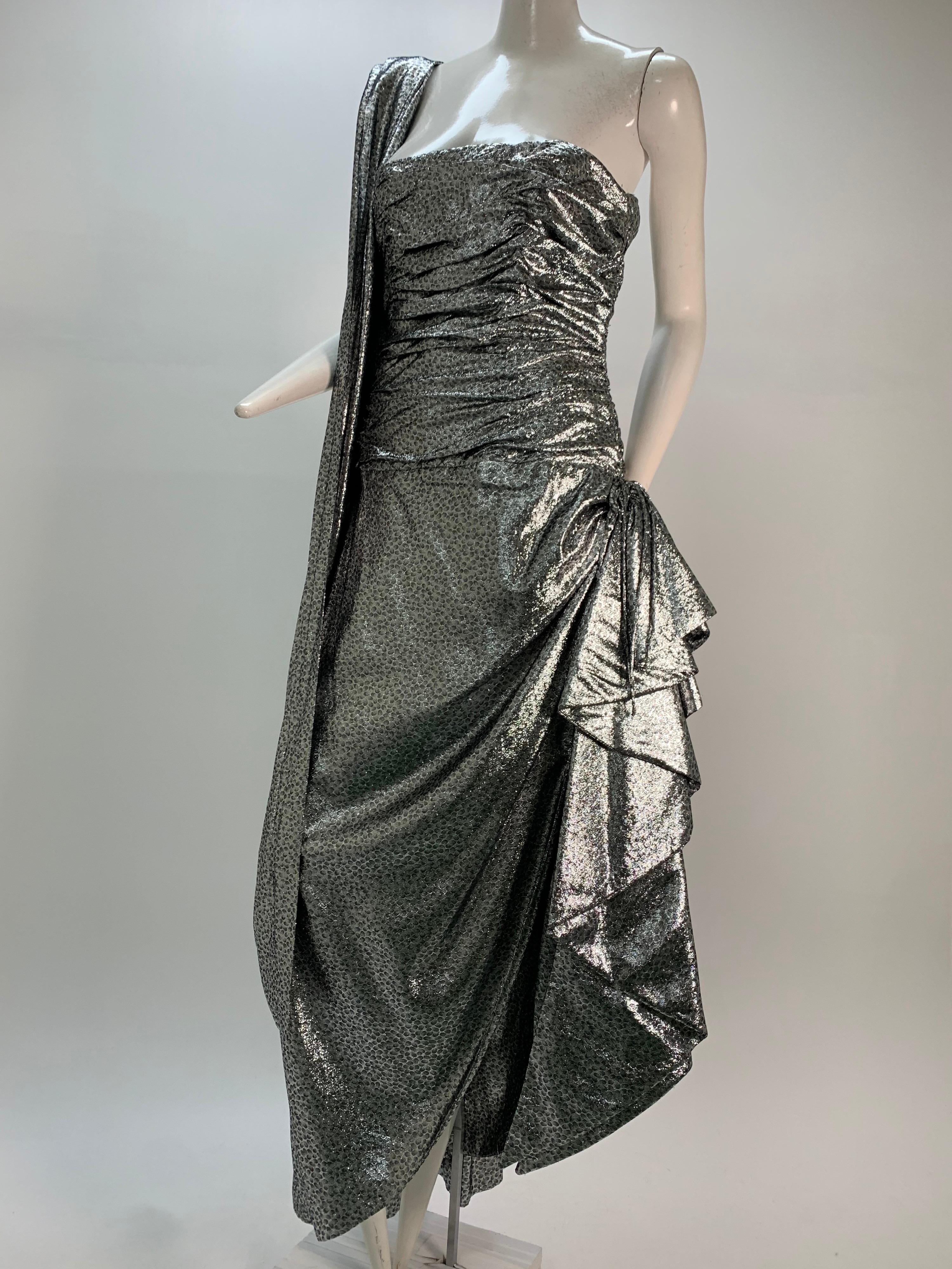 1980s William Travilla Strapless Corset-Bodice Gown in Silver Lame w/ Foulard For Sale 2