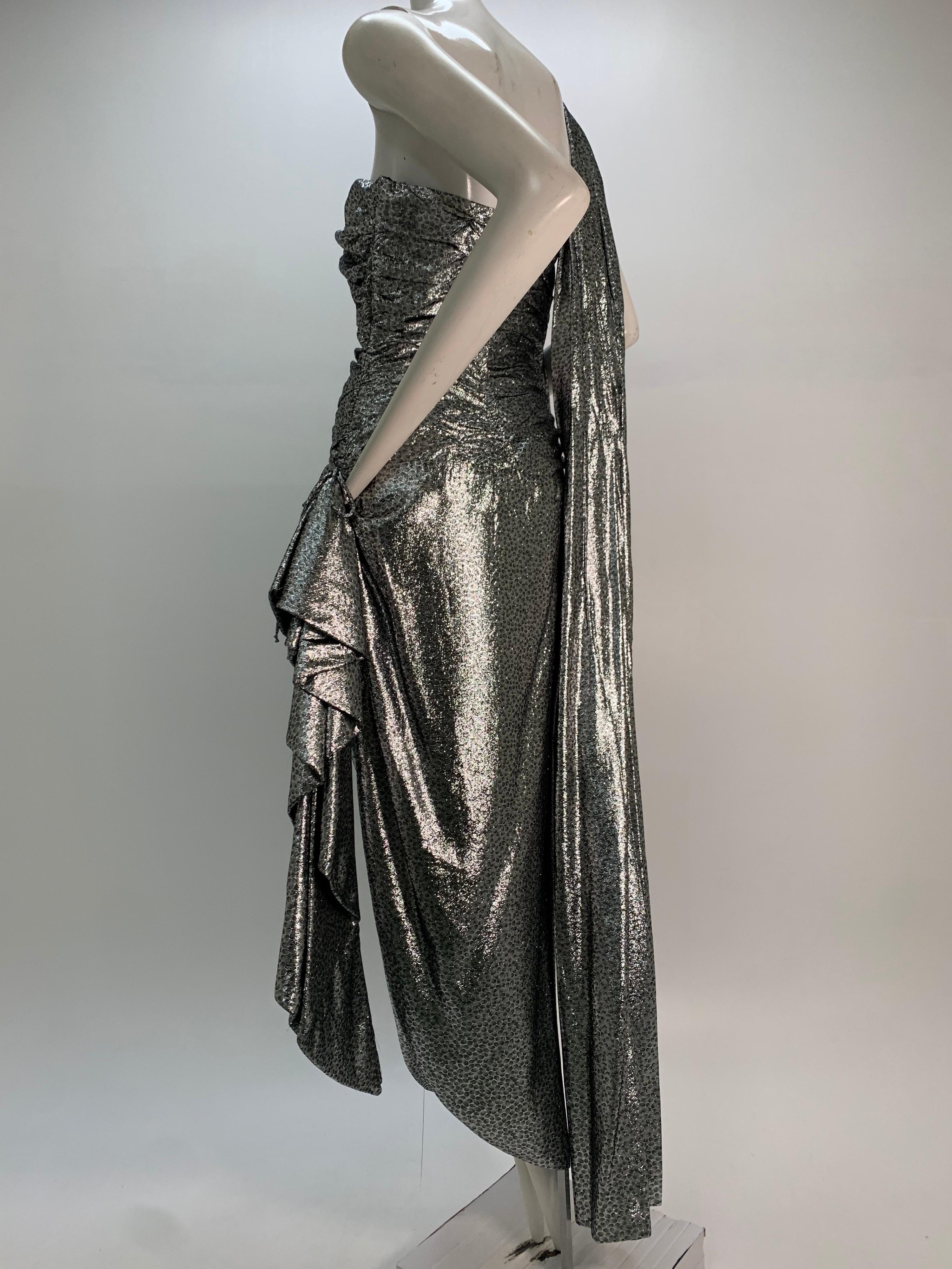 1980s William Travilla Strapless Corset-Bodice Gown in Silver Lame w/ Foulard For Sale 3