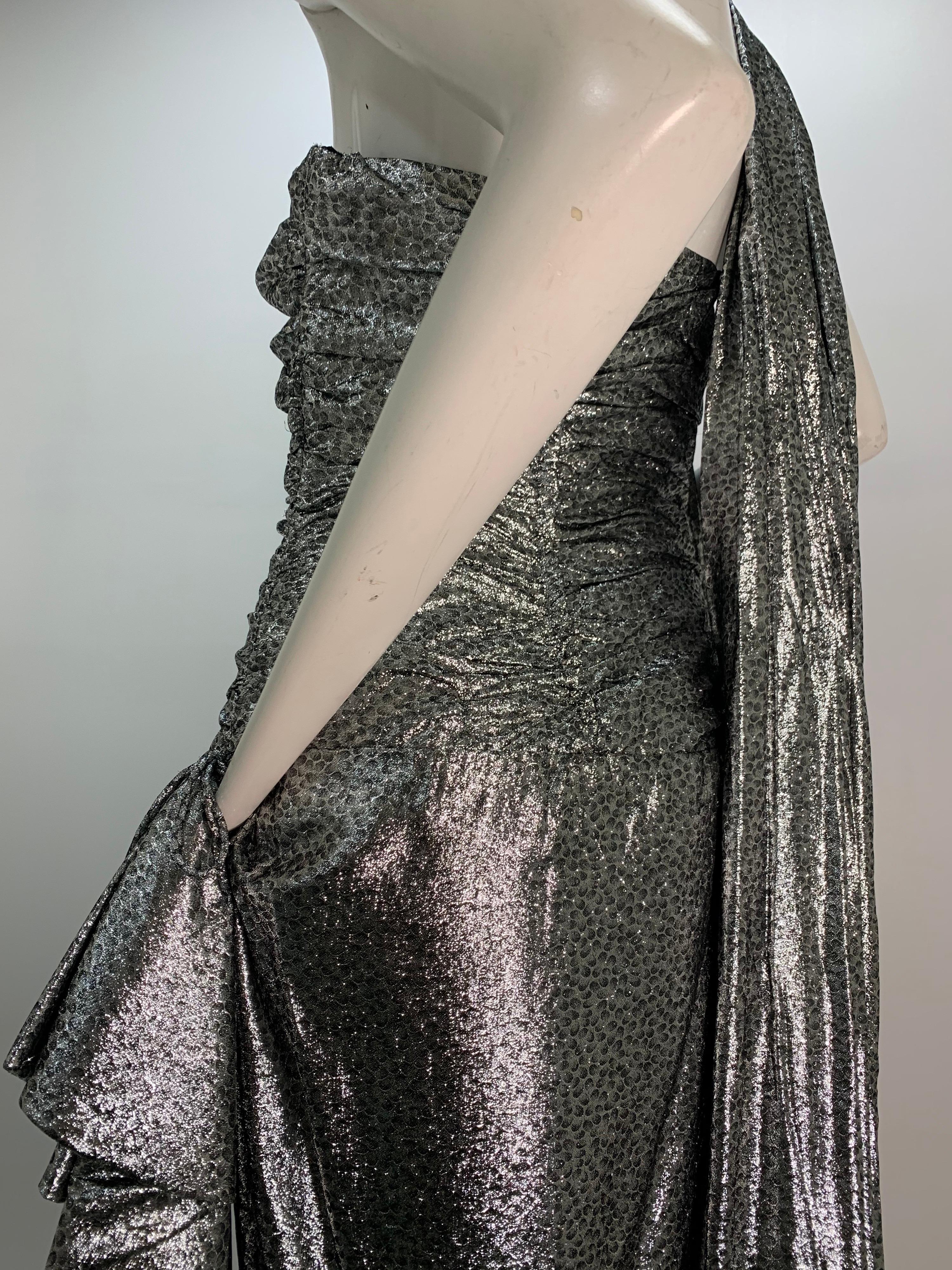 1980s William Travilla Strapless Corset-Bodice Gown in Silver Lame w/ Foulard For Sale 4