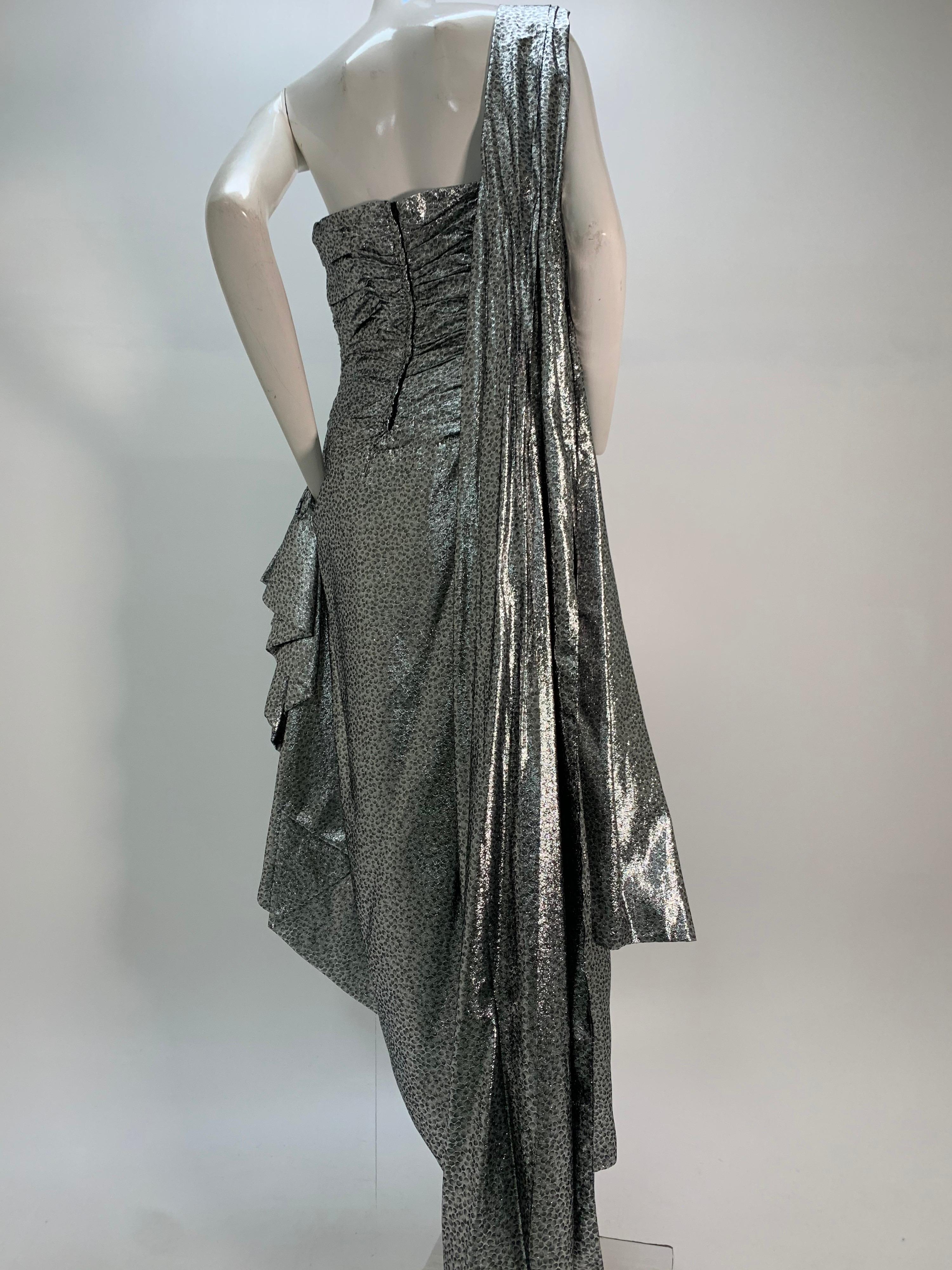 1980s William Travilla Strapless Corset-Bodice Gown in Silver Lame w/ Foulard For Sale 5