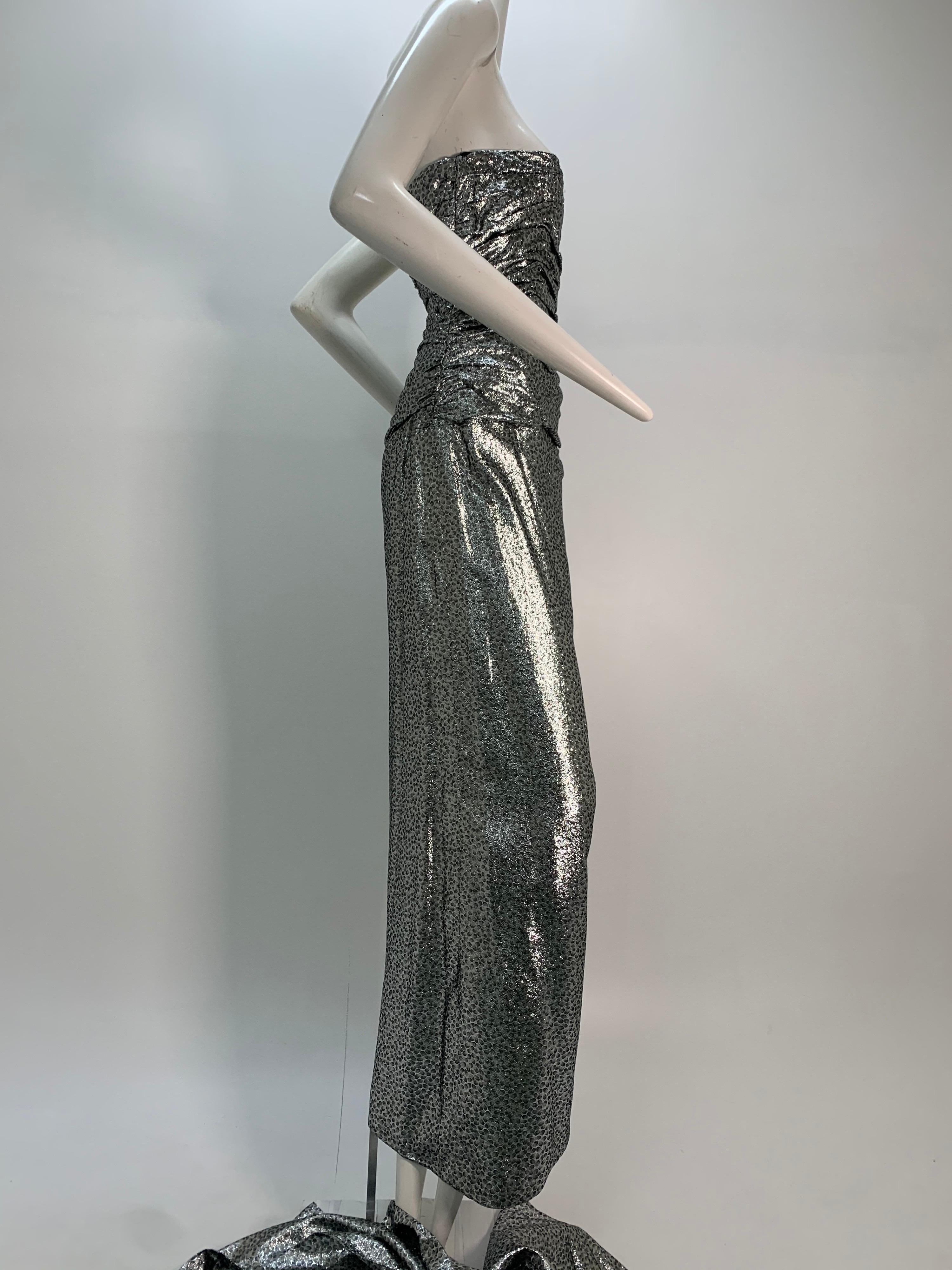 1980s William Travilla Strapless Corset-Bodice Gown in Silver Lame w/ Foulard For Sale 6
