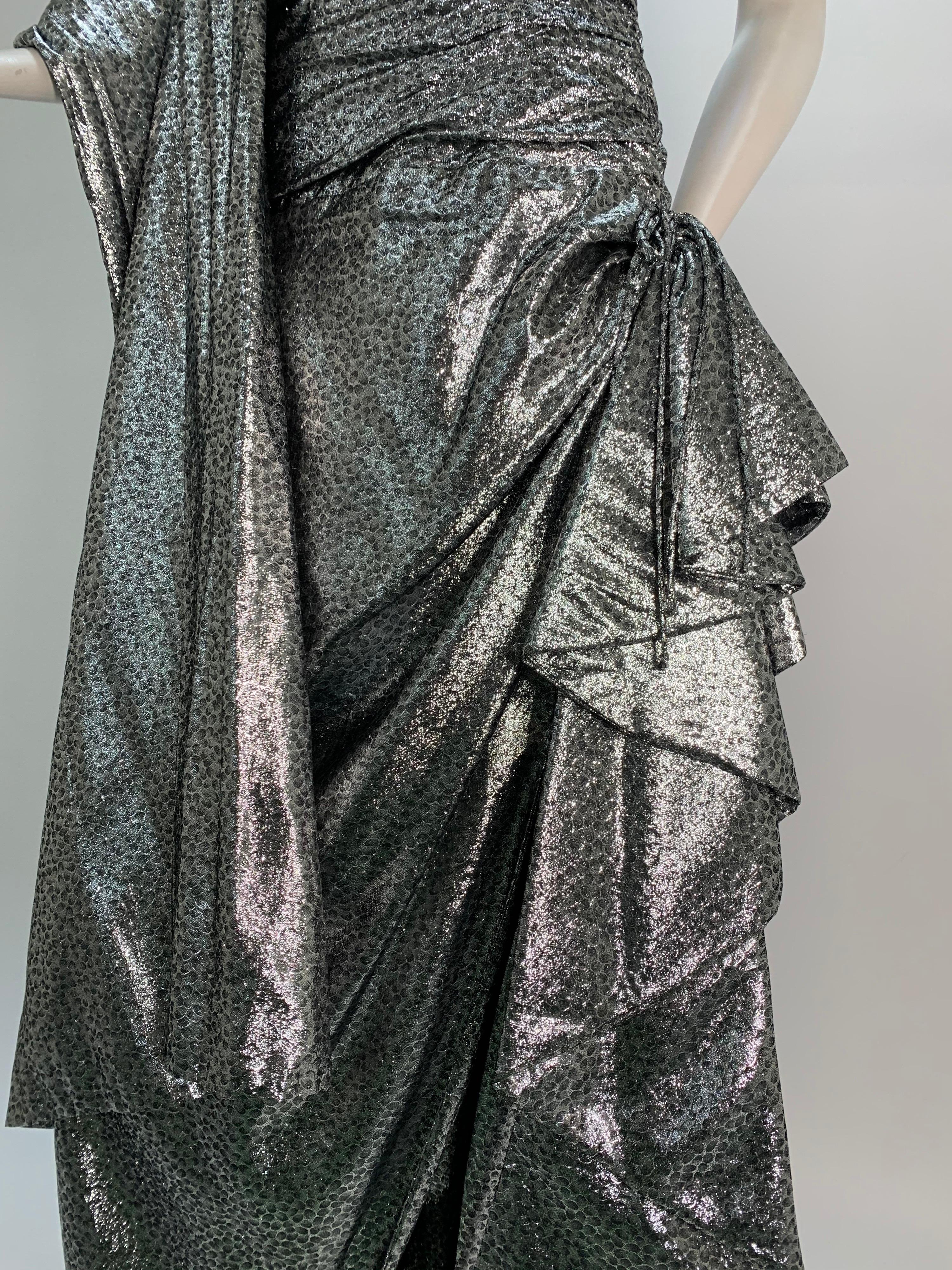 Black 1980s William Travilla Strapless Corset-Bodice Gown in Silver Lame w/ Foulard For Sale