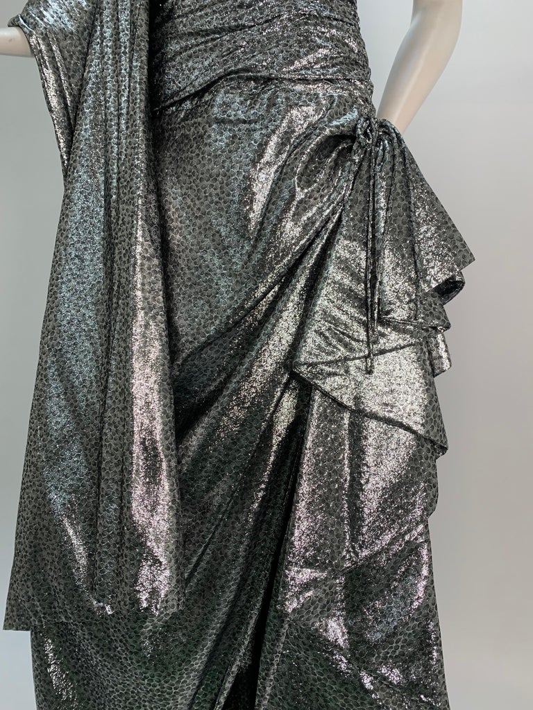 1980s William Travilla Strapless Corset-Bodice Gown in Silver Lame w ...