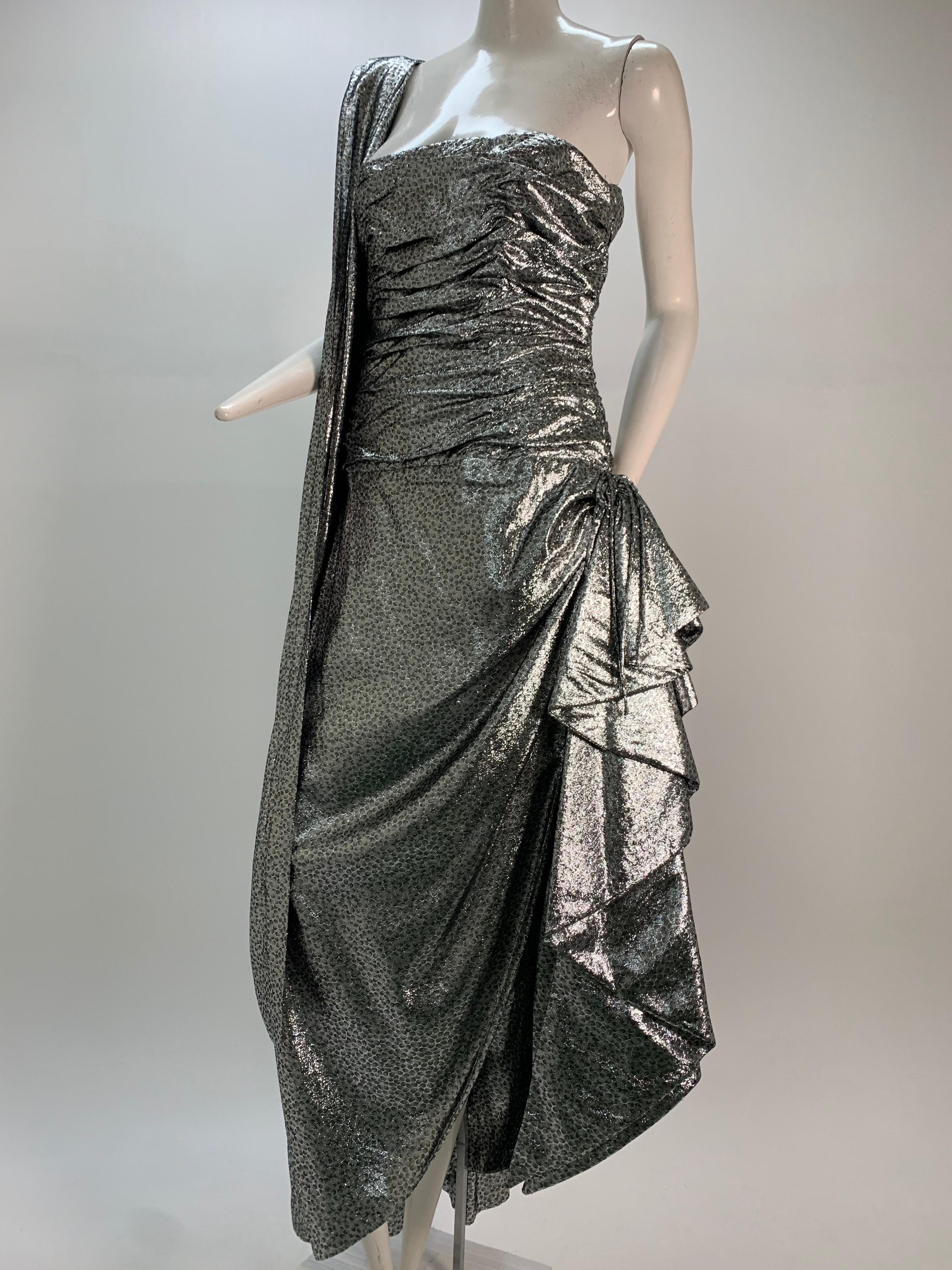Women's 1980s William Travilla Strapless Corset-Bodice Gown in Silver Lame w/ Foulard For Sale