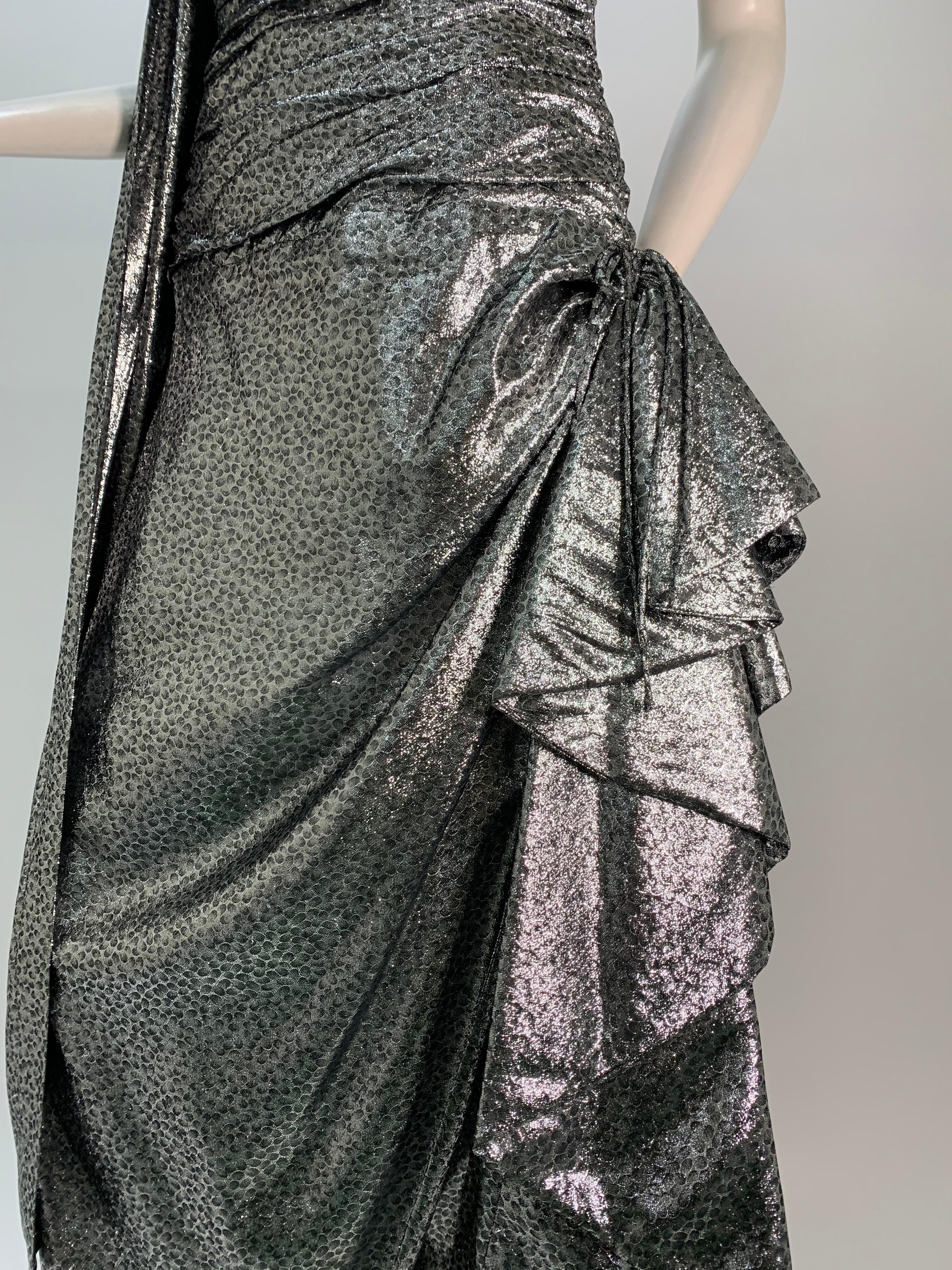 1980s William Travilla Strapless Corset-Bodice Gown in Silver Lame w/ Foulard For Sale 1