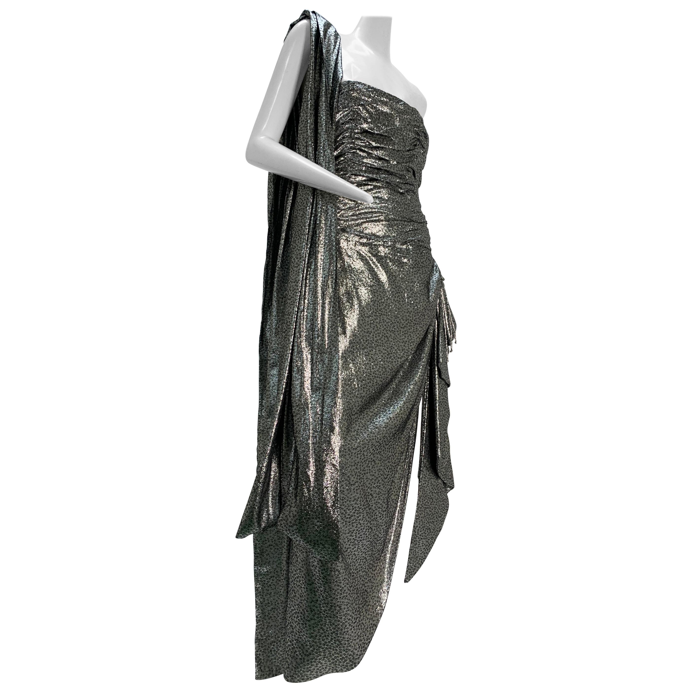 1980s William Travilla Strapless Corset-Bodice Gown in Silver Lame w/ Foulard