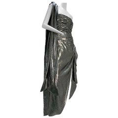 Vintage 1980s William Travilla Strapless Corset-Bodice Gown in Silver Lame w/ Foulard