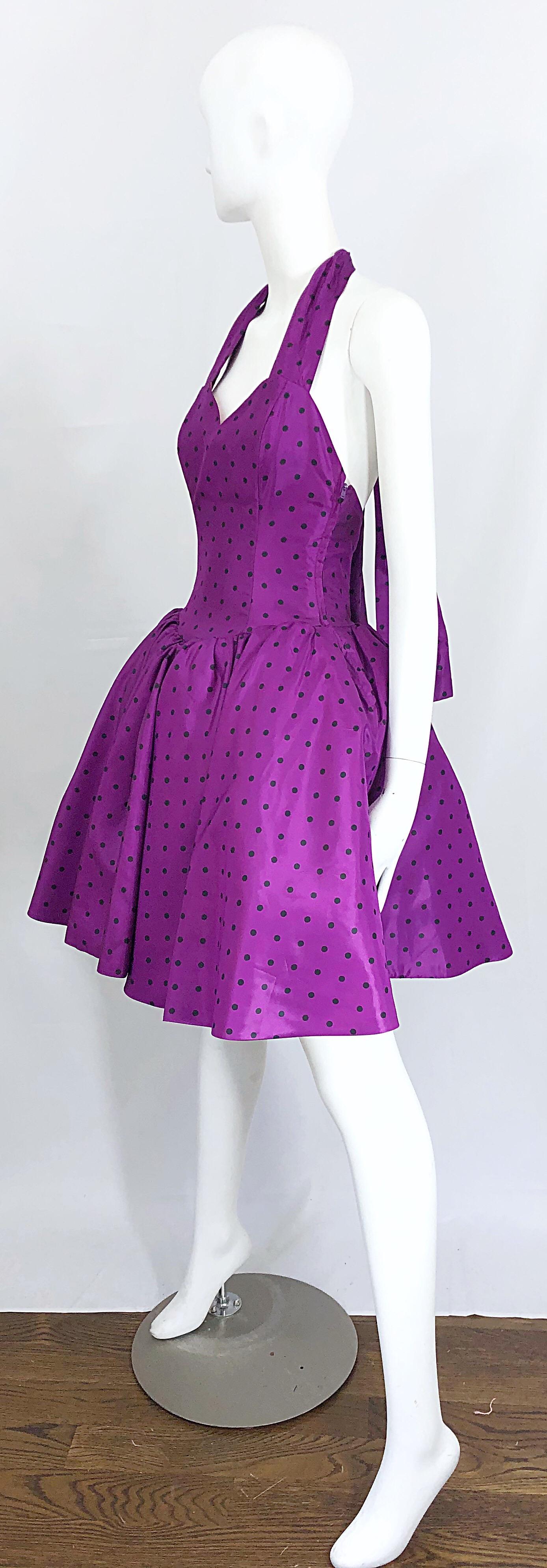 1980s Williwear Willi Smith Size 2/4 Purple Polka Dot Vintage 80s Taffeta Dress In Excellent Condition In San Diego, CA