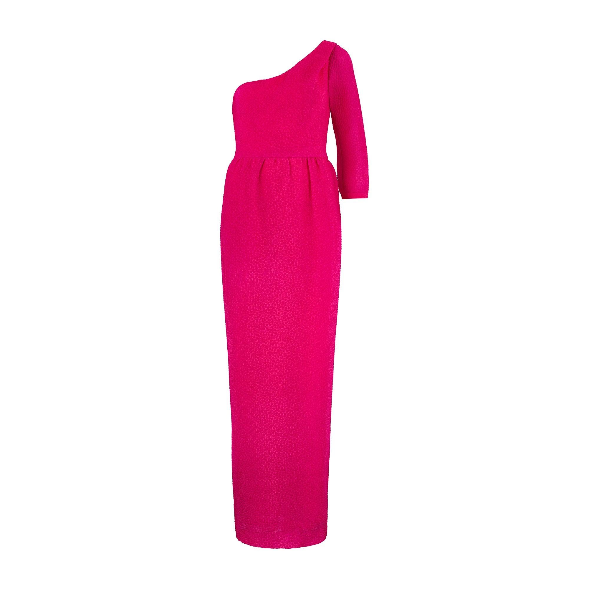 1980s Wim Hemmink Fuchsia One-Shoulder Dress with Wrap-Around Sleeve In Good Condition For Sale In London, GB