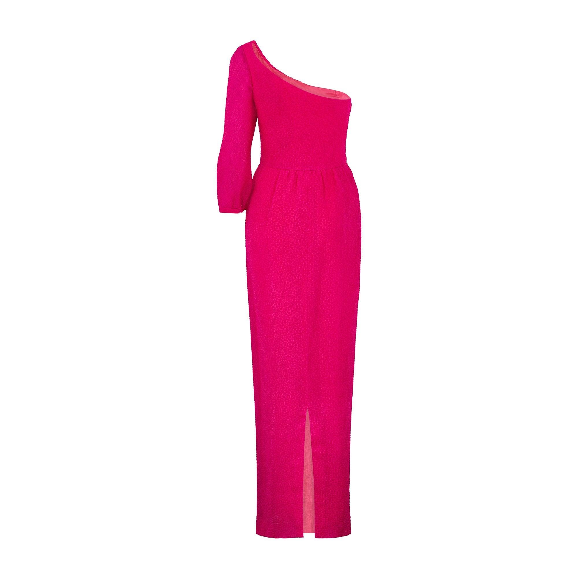 Women's 1980s Wim Hemmink Fuchsia One-Shoulder Dress with Wrap-Around Sleeve For Sale
