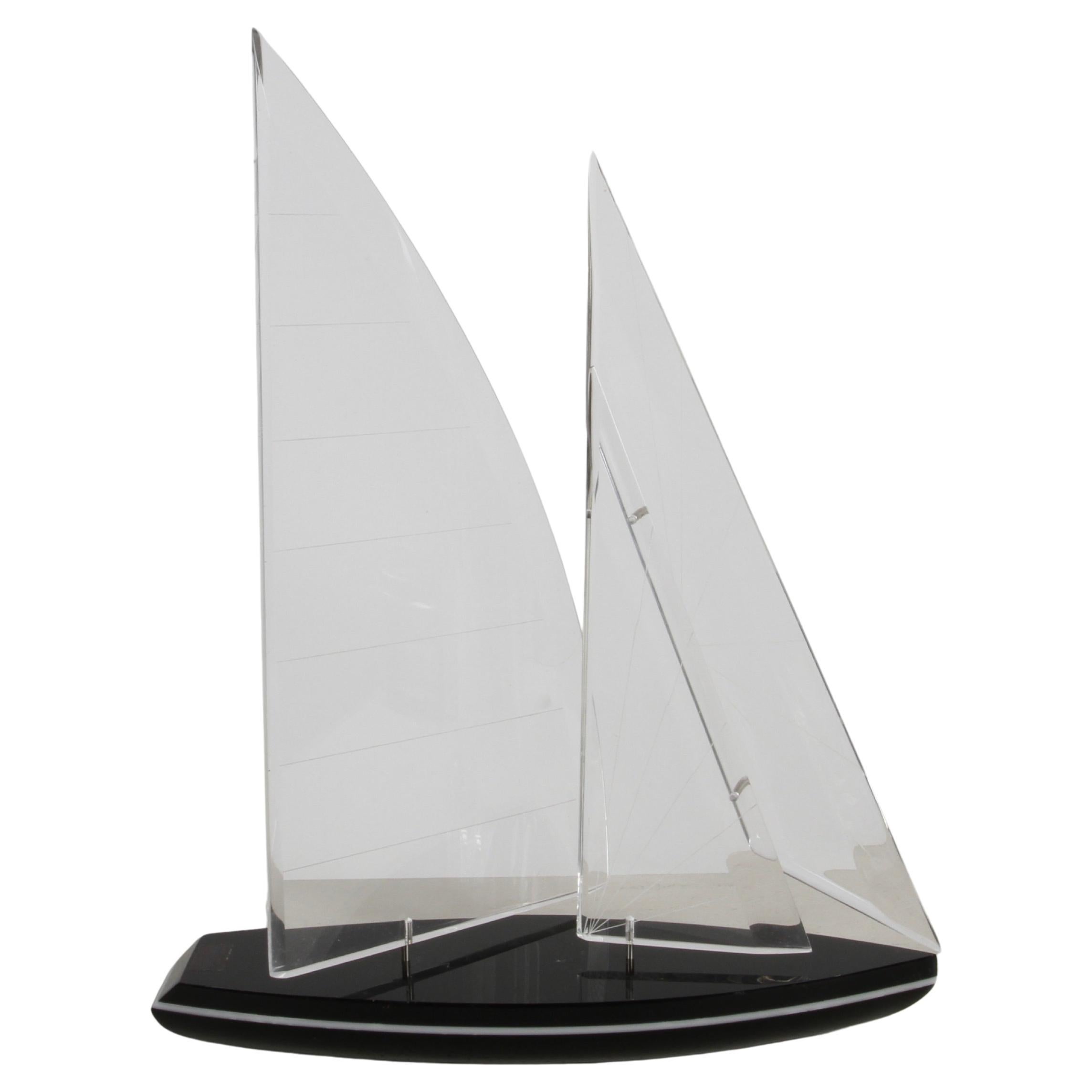 1980s Wintrade - Beverly Hills Back & Clear Lucite Racing Sailboat Sculpture