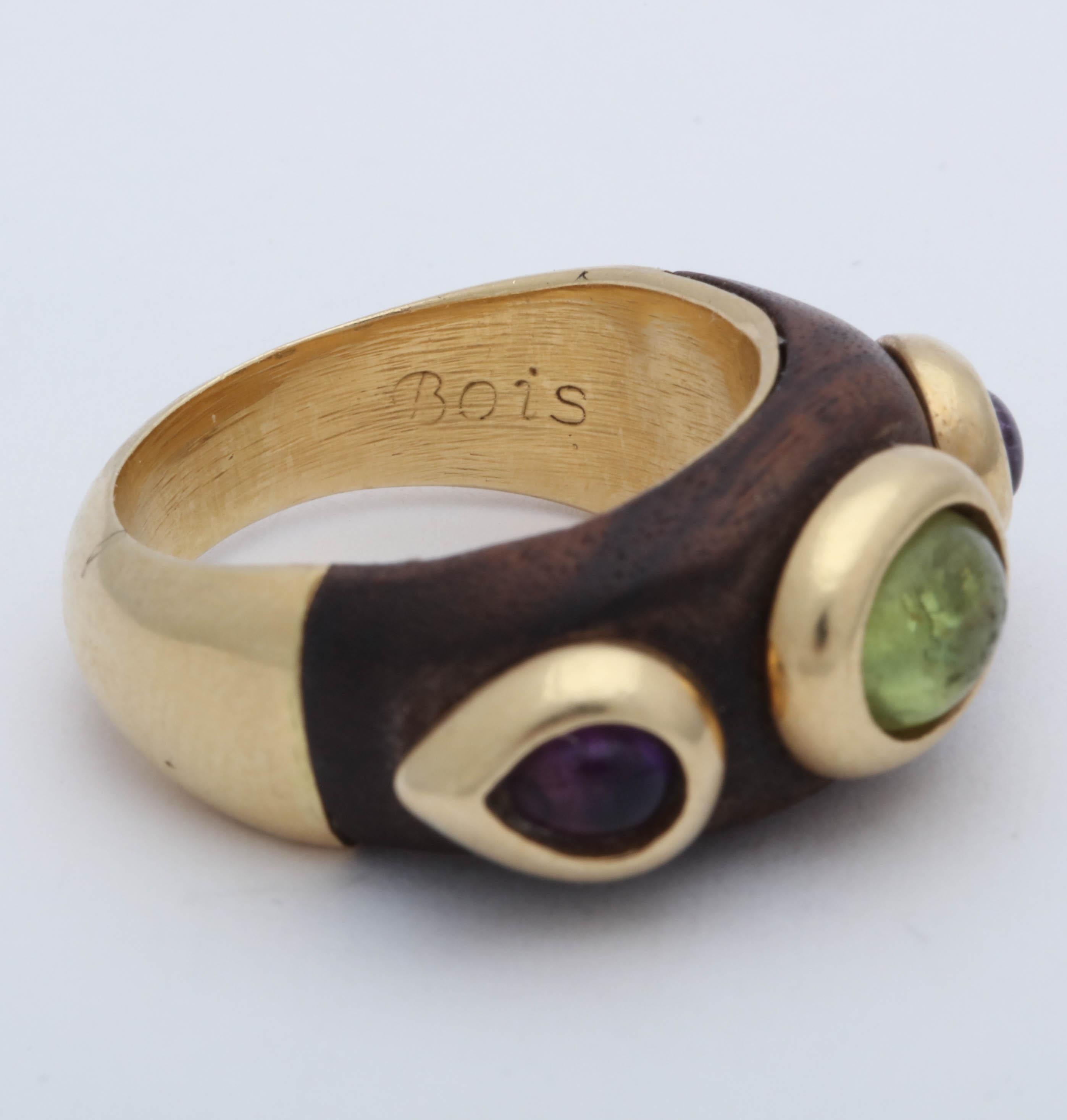 1980s Wood Amethyst with Cabochon Peridot Gold Cocktail Band Style Ring 4