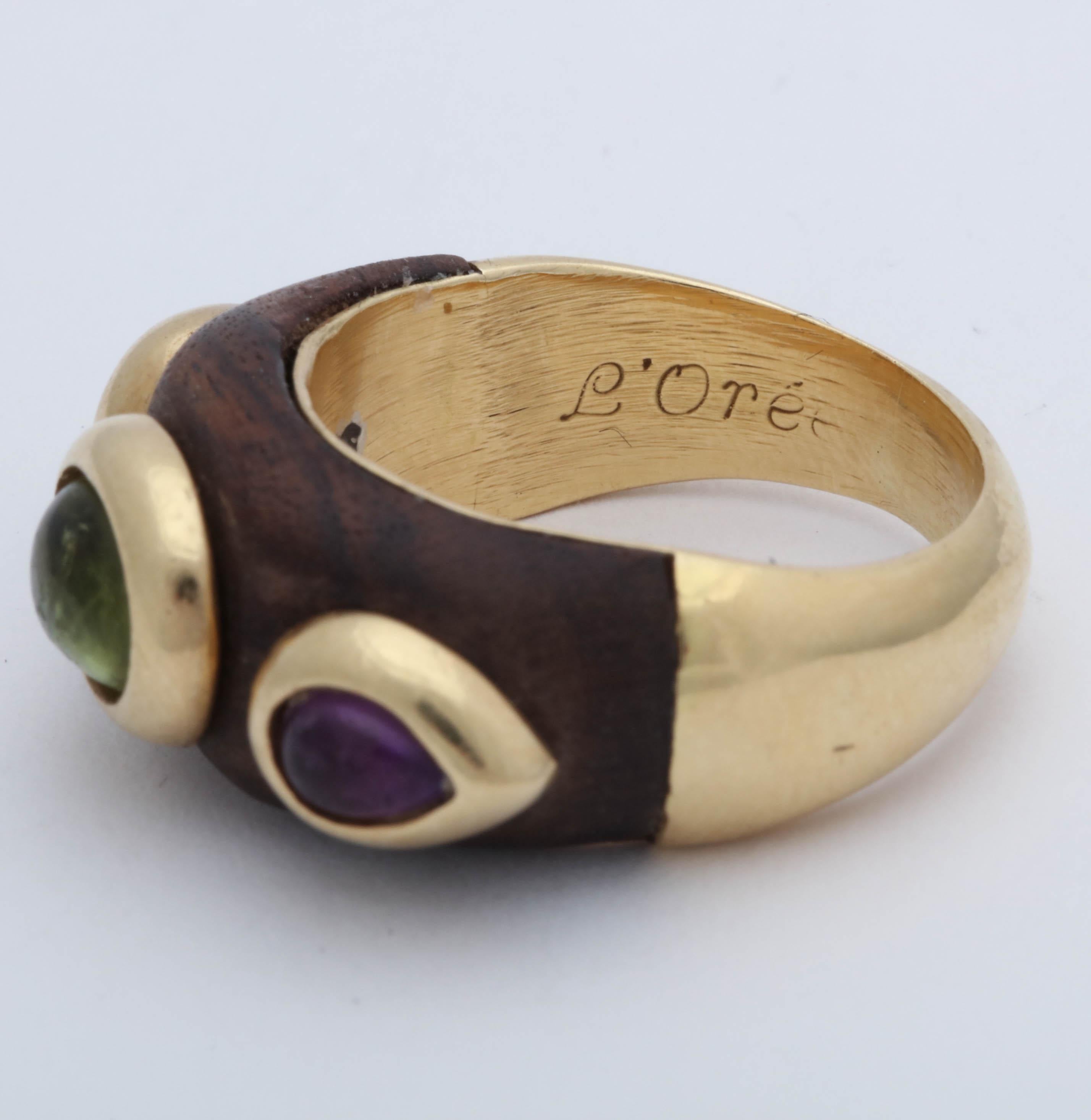 1980s Wood Amethyst with Cabochon Peridot Gold Cocktail Band Style Ring 5