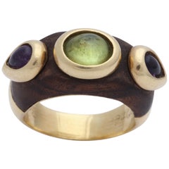1980s Wood Amethyst with Cabochon Peridot Gold Cocktail Band Style Ring