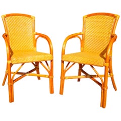 1980s Wood and Laced Wicker Pair of Sofa Chairs