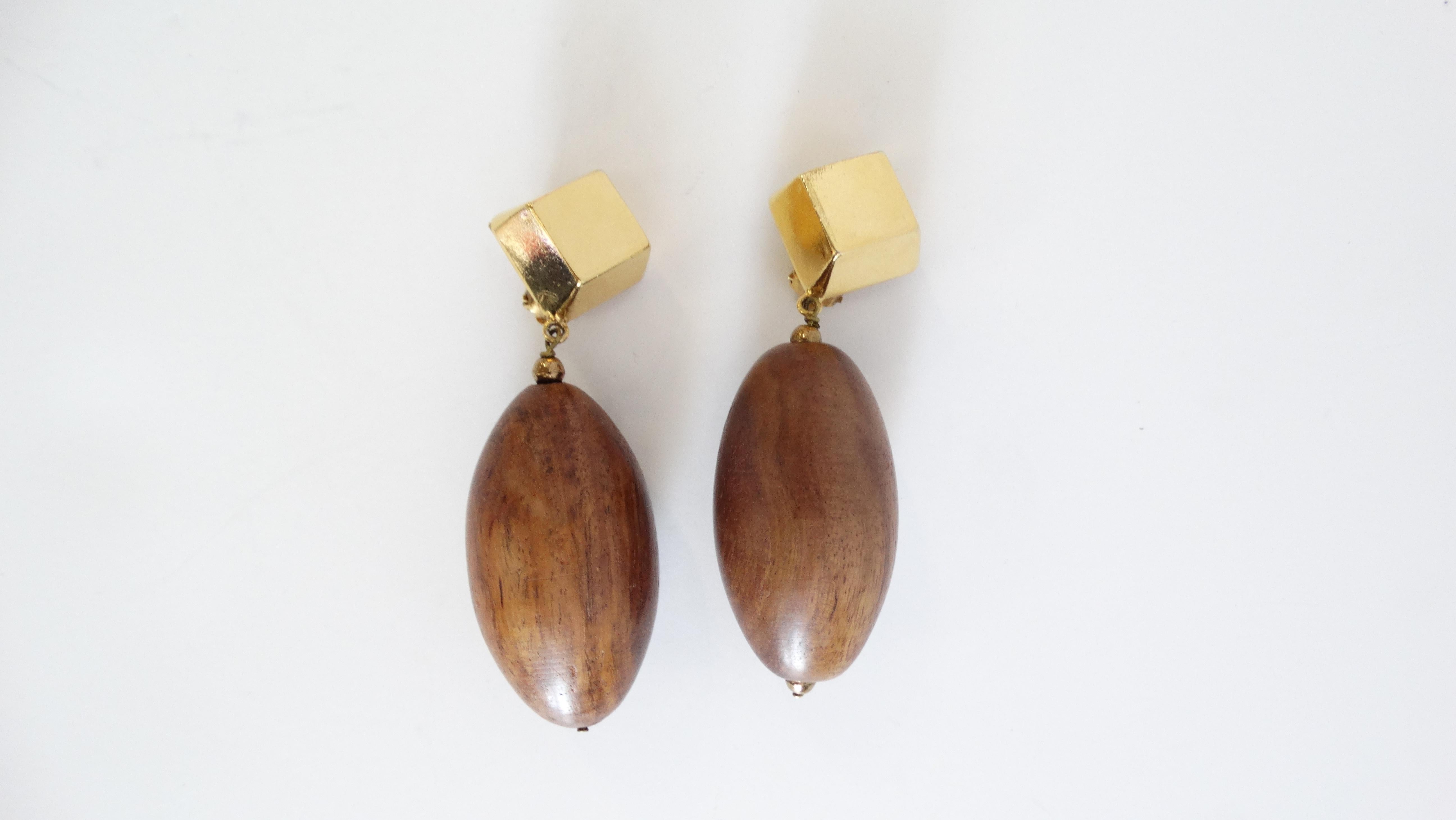 1980s Wooden Bead Drop Clip On Earrings 1
