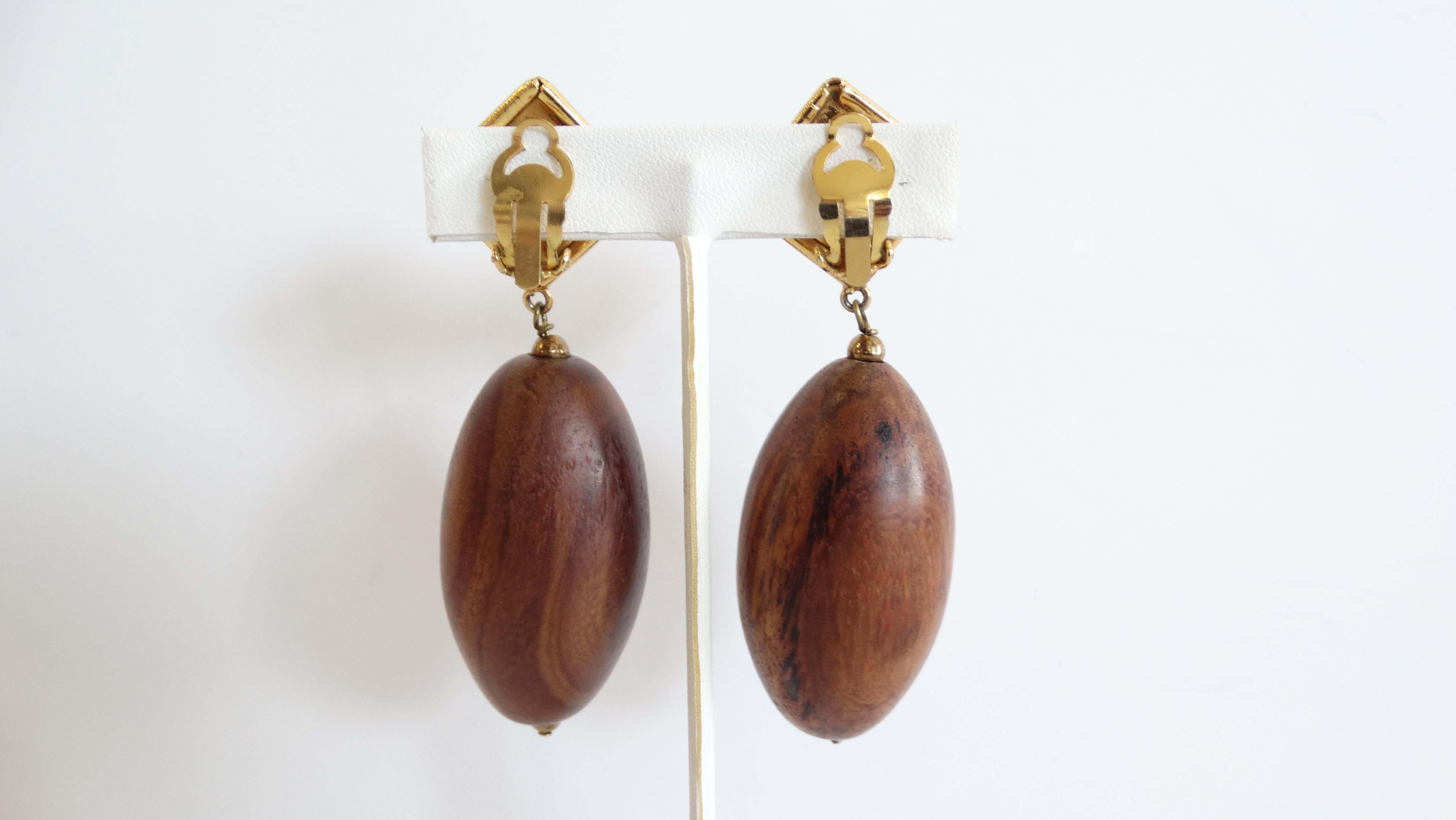 1980s Wooden Bead Drop Clip On Earrings 3
