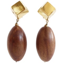 1980s Wooden Bead Drop Clip On Earrings